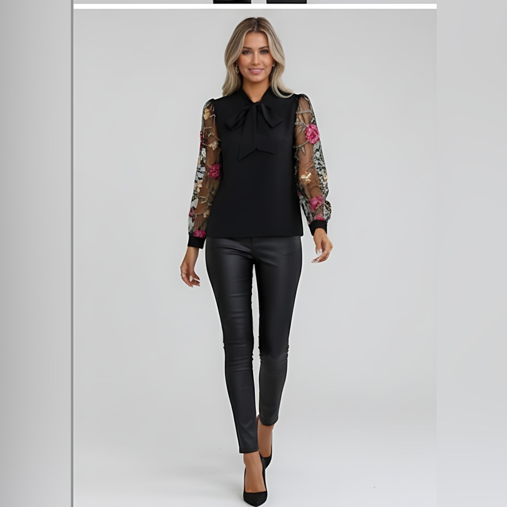 LAST ONE 🔥 Floral Embroidery Mesh Sleeve Tie Neck Blouse Black - Picture 4 of 8